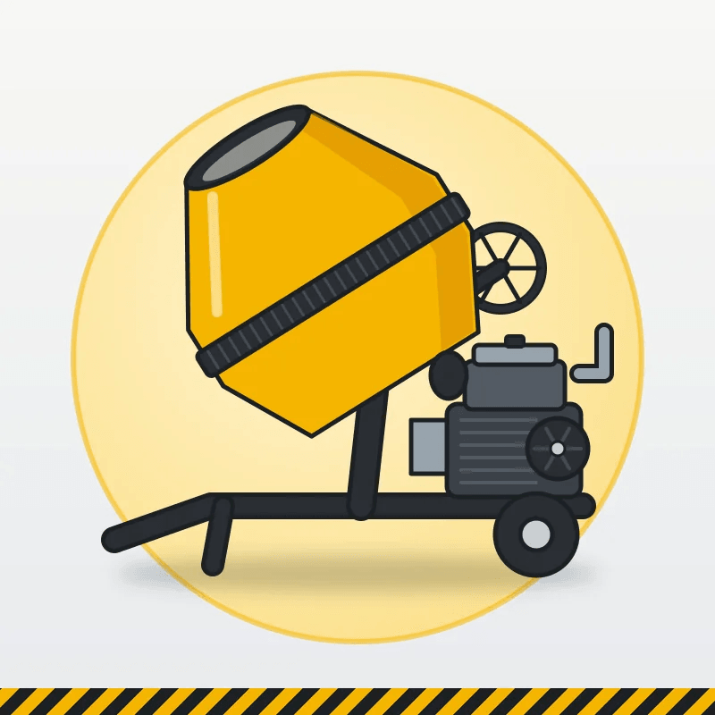 Molen Cor 350 Liter + Mesin Diesel 7 HP (Tiger/Trindo/MQuip atau setara) — ilustrasi molen cor dengan drum kuning, mesin diesel, rangka besi, dan roda